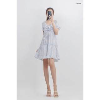 C5033 - Đầm voan tay ngắn, nhún thun cột nơ, hoa lá