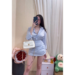( Hình thật của shop) Váy sơ mi kẻ nhún eo che khuyết điểm ( lót quần bo chun ko lo lộ)