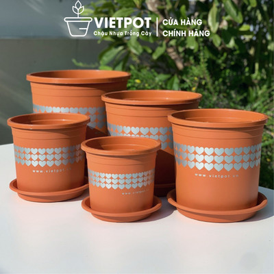 Chậu nhựa trồng cây VIETPOT, màu cam hoa văn tim, trồng hoa kiểng, để nhà, sân vườn, ban công