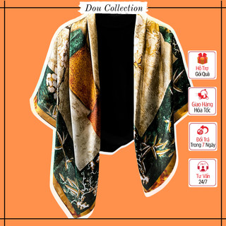 Khăn lụa vuông 110x110cm choàng cổ, Khăn quàng cổ cao cấp họa tiết bình hoa phối viền sang trọng quý phái - Mã K1103