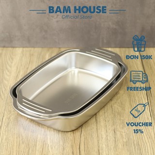 Khay inox 316 Bam House đựng thực phẩm có 2 mang xách sáng bóng cao cấp KMX05