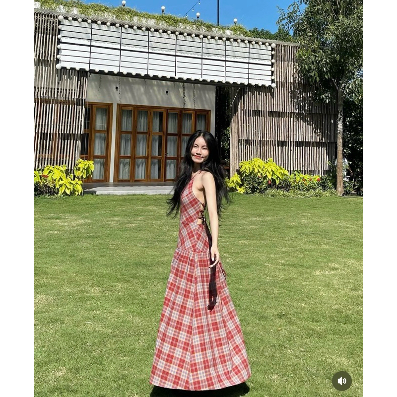 ĐẦM MAXI CARO CỔ YẾM HỞ LƯNG