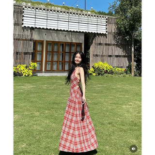 ĐẦM MAXI CARO CỔ YẾM HỞ LƯNG