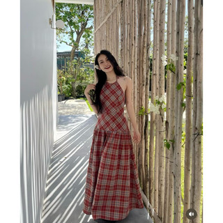 ĐẦM MAXI CARO CỔ YẾM HỞ LƯNG
