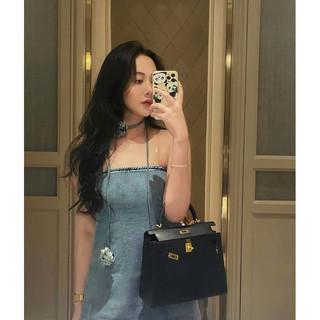 VÁY JEAN QUÂY CÚP NGỰC KÈM NƠ HOA CỔ