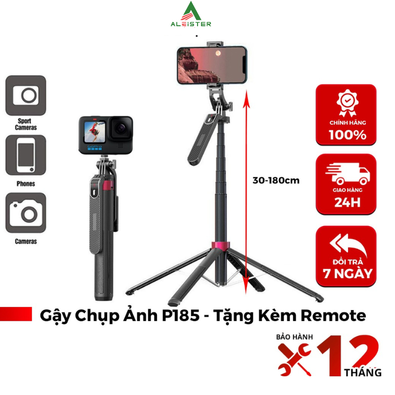 Gậy Chụp Ảnh 4 Chân P185 - Gậy Selfie Cầm Tay Tặng Kèm Remote, Chiều Dài Sử Dụng 30-180cm - Chính Hã
