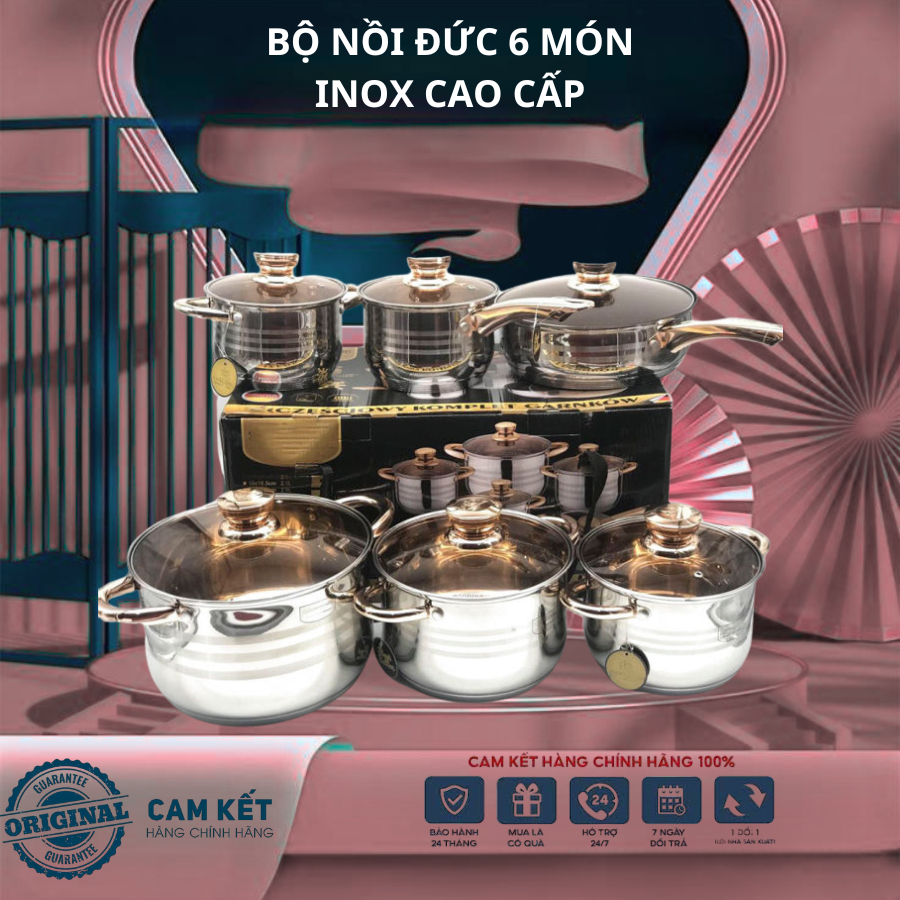 Bộ 6 Món Nồi Đức, Bộ Nồi Inox Cao Cấp, Bộ Nồi Đức 5 Đáy Chính Hãng , Siêu Dày Siêu Bền Cho Gia Đình 