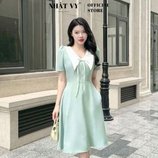 Đầm công sở Nhật Vy cổ V phối nơ tay ngắn dáng xoè vải lụa phù hợp đi làm dự tiệc dạo phố đơn giản thanh lịch - D2991