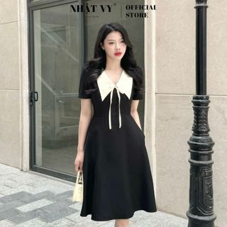 Đầm công sở Nhật Vy cổ V phối nơ tay ngắn dáng xoè vải lụa phù hợp đi làm dự tiệc dạo phố đơn giản thanh lịch - D2991