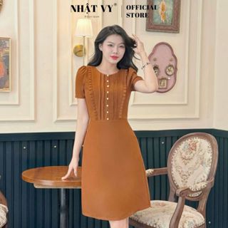 Đầm dự tiệc Nhật Vy cổ tròn viền bèo ngực đính nút chất lụa nhẹ nhàng phù hợp công sở dạo phố cafe sang chảnh - D2892