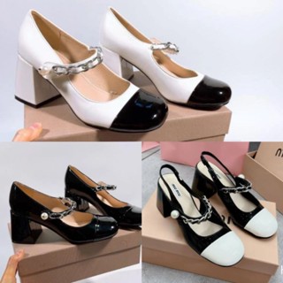 Giày Cao Gót 7p Miu miu Mũi Tròn Quai Xích Ngọc Da Bóng Mềm Êm Fullbox Bill Túi Cao Cấp