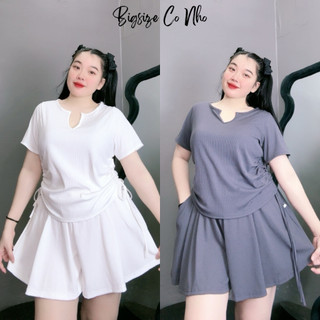 Set bộ bigsize nữ đi chơi áo thun tay ngắn rút eo tôn dáng quần xòe ngắn thun gân mát co giãn - SET811