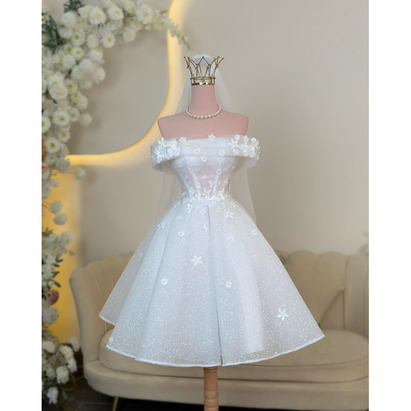 Váy Ngắn Đi Tiệc, Đi Bàn Cô Dâu Tùng Vi Tính Xoè Tự Nhiên Vai Ngang, Dáng Qua Đầu Gối