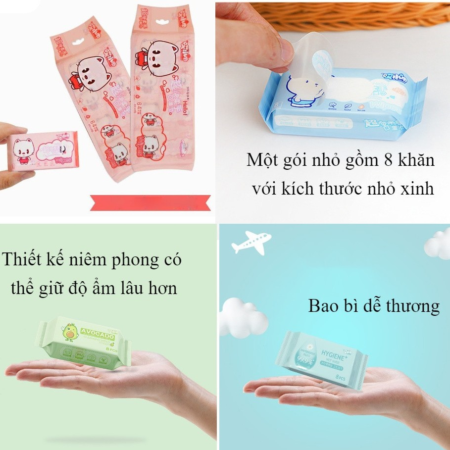 Túi 8 Miếng Khăn Giấy Ướt Mini Bỏ Túi Tiện Lợi An Toàn Sử Dụng, Không Cồn, Dịu Nhẹ - Moska