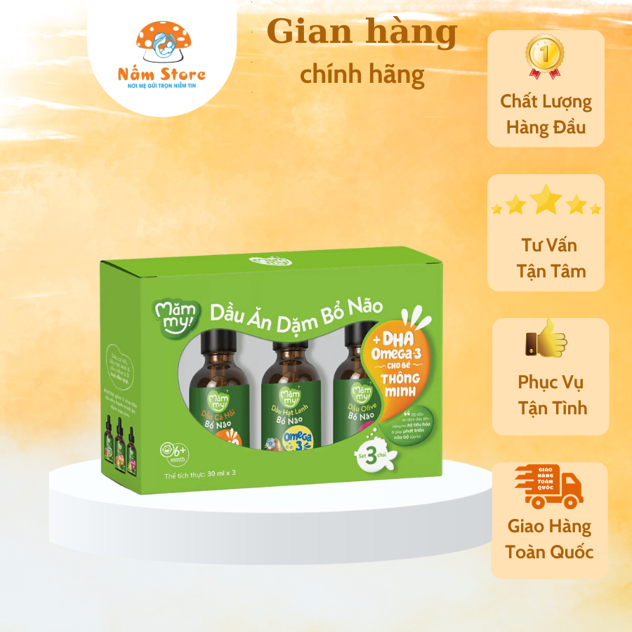 Combo 3 dầu ăn dặm bổ não Mămmy, dầu Olive bổ não, dầu cá hồi bổ não, dầu hạt lanh bổ não, 1chai 30m