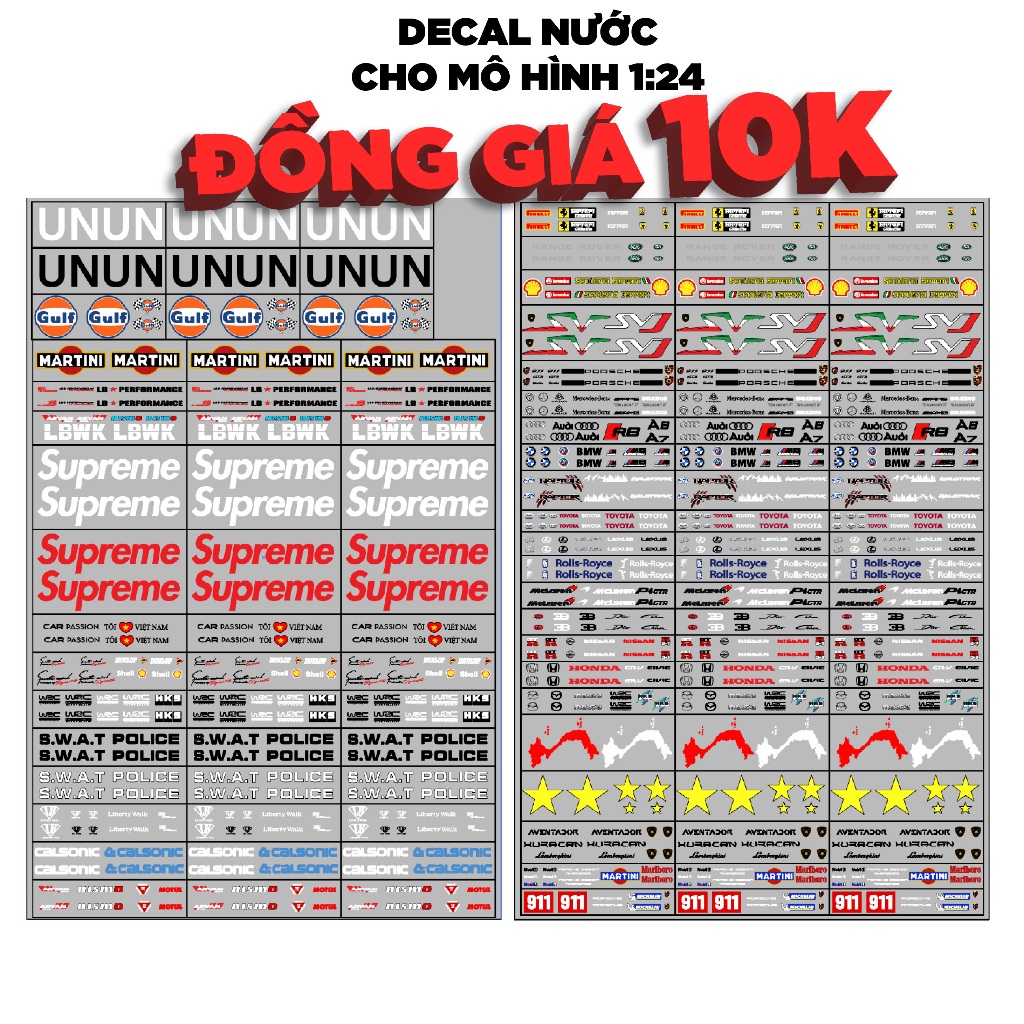 Decal nước cho mô hình ô tô tỉ lệ 1:24 dán tất cả nền màu Autono1 DC806