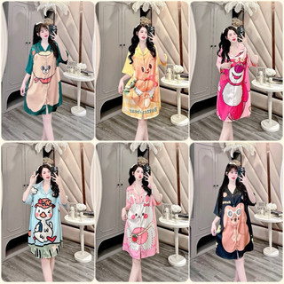  Bộ váy ngủ Pyjama cổ sơ mi thiết kế in 5D lụa xước cao cấp nhiều hình xinh