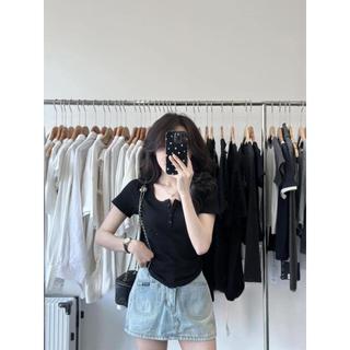 Áo Body Vạt Bầu Ngắn Tay, Áo Thun Gân Nữ Cổ Tròn Xuất Sịn