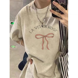 Fashion mùa hè xám nơ áo phông nữ form rộng con in ấn oversize cổ tròn 100%cotton áo thun tay ngắn