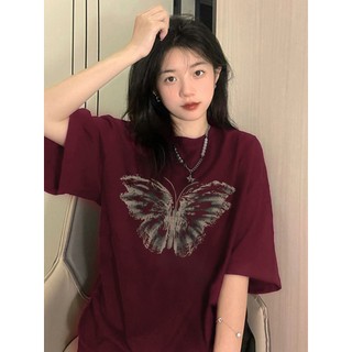 Đỏ mận nơ áo phông nữ form rộng con Butterfly in ấn cổ tròn 100%cotton áo thun tay ngắn focus local brand