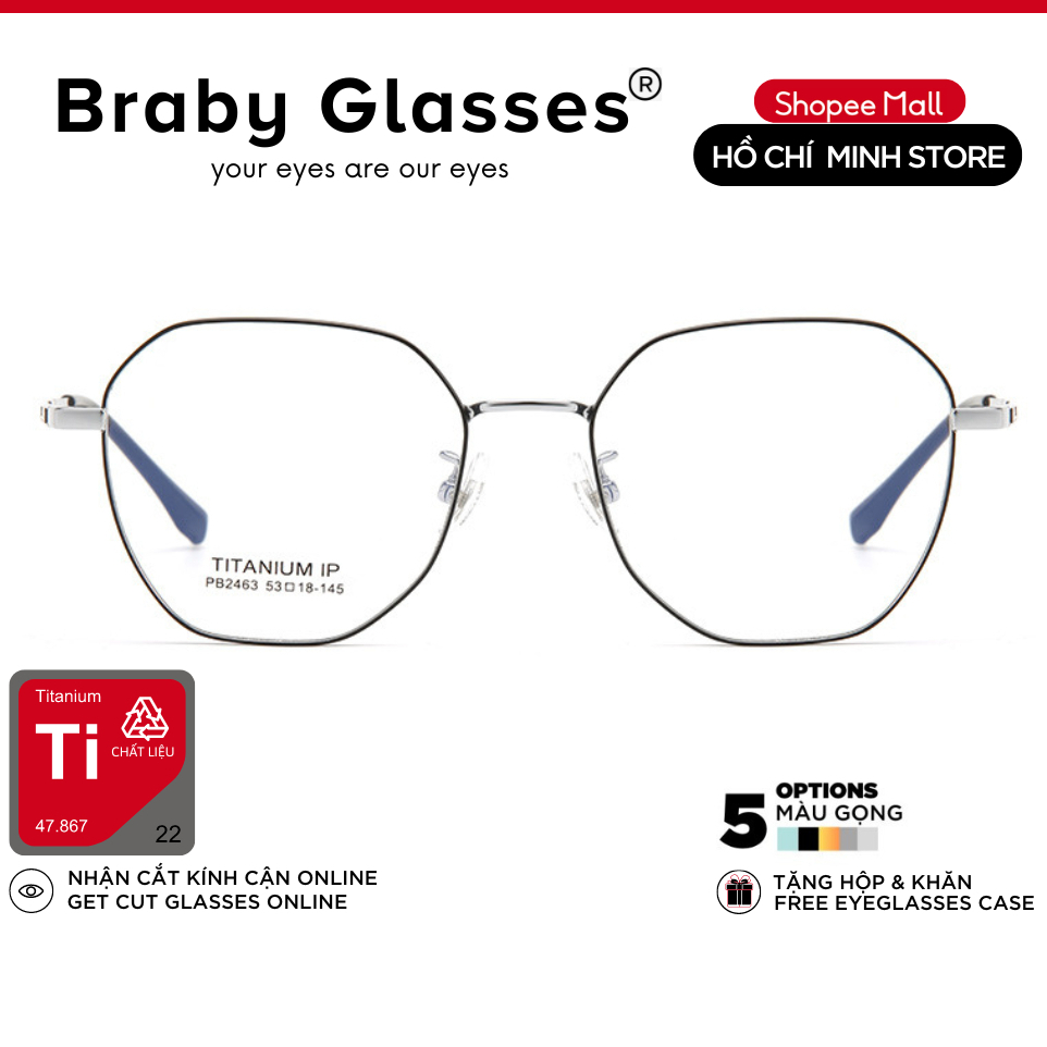 Gọng Kính Cận Dẻo Đa Giác Nam Nữ Braby Glasses Chất Liệu Titanium Gọng Mảnh Siêu Nhẹ Thiết Kế sang Trọng MK99