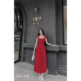 Váy Nữ Cổ Vuông Che Khuyết Điểm Dáng Ôm Xòe Nhẹ Chất Tăm Hàn, Váy Nữ Thiết Kế Nhún Eo Siêu Tôn Dáng