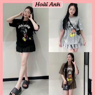 Set Bộ Đồ Nữ Áo Phông Mickey HEDONISM Ngắn Tay Mix Chân Váy Xếp Ly Freesize