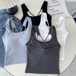 Áo croptop hai dây thun tăm cao cấp kèm đệm ngực dây đan