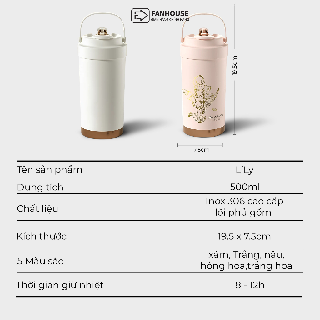 Ly giữ nhiệt Lily inox 316 lõi tráng Sứ, cốc giữ nhiệt 500ml Fan House khắc tên theo yêu cầu | BigBuy360 - bigbuy360.vn