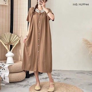 Đầm liền linen ngắn tay KAMAKA cổ tròn đính ren khuy cài - NU9944