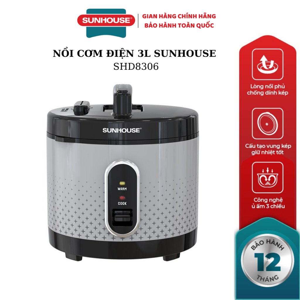 [chính hãng] NỒI CƠM ĐIỆN 3L SUNHOUSE SHD8306