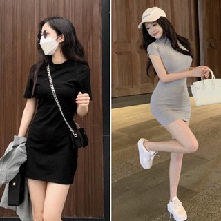 Đầm thun ôm body cổ tròn, đầm váy trơn vải thun gân mềm ôm gợi cảm