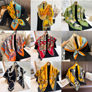 Khăn Choàng Cổ Turban Nữ, Khăn Lụa Satin Vuông 90x90 cm Phối Cam Xanh Làm Áo Yếm Đi Biển Du Lịch Mùa Hè - HOTI - K9075