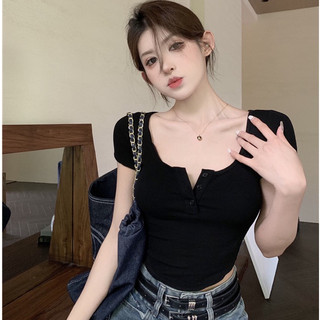 Áo Croptop Cổ Vuông 3 Cúc Ngực  CAROLL Nữ [FREESHIP] - Thun Trơn Vạt Bầu Cột Cúc Vải Thun Tăm Mềm Mịn Co Giãn 4 Chiều