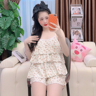 Bộ đồ ngủ nữ 2 dây hoa lụa mặc nhà mềm mát pijama dáng rộng kèm quần short lưng thun dễ thương CARY