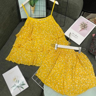 Bộ đồ ngủ nữ 2 dây hoa lụa mặc nhà mềm mát pijama dáng rộng kèm quần short lưng thun dễ thương CARY