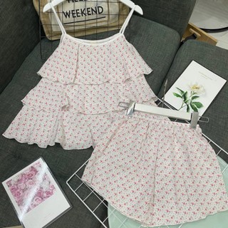 Bộ đồ ngủ nữ 2 dây hoa lụa mặc nhà mềm mát pijama dáng rộng kèm quần short lưng thun dễ thương CARY