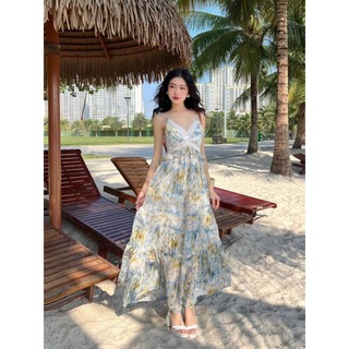 COLUS - Đầm Maxi 2 Dây Phối Ren Cổ Eo Thiết Kế Tầng Xoè Hoạ Tiết Phù Hợp Đi Chơi, Đi Biển