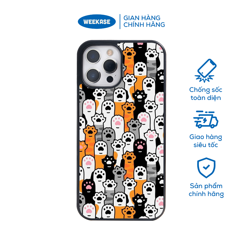Ốp lưng iPhone viền đen, trắng chống sốc chống va đập Weekase in hình Nhiều chân mèo - Màu in cực bề