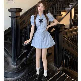 Sét đầm váy sơ mi kẻ tay bồng nhún eo kèm tag nơ (có quần ) xinh xắn, năng động S061