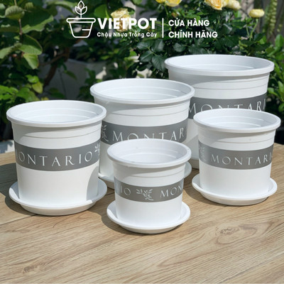 Chậu nhựa trồng cây VIETPOT, màu trắng hoa văn Montario, trồng hoa kiểng, để nhà, sân vườn.