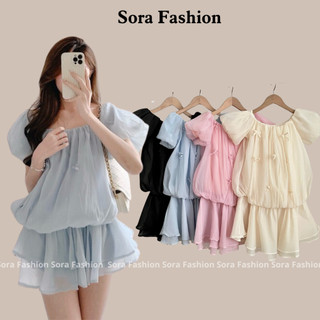 Set Tiểu Thư Nữ Trễ Vai Nhún Eo Sora Fashion,Set Áo Váy Nữ Xốp 2 Lớp Dáng Xoè Đính Nơ Chất Liệu Tơ Voan 136