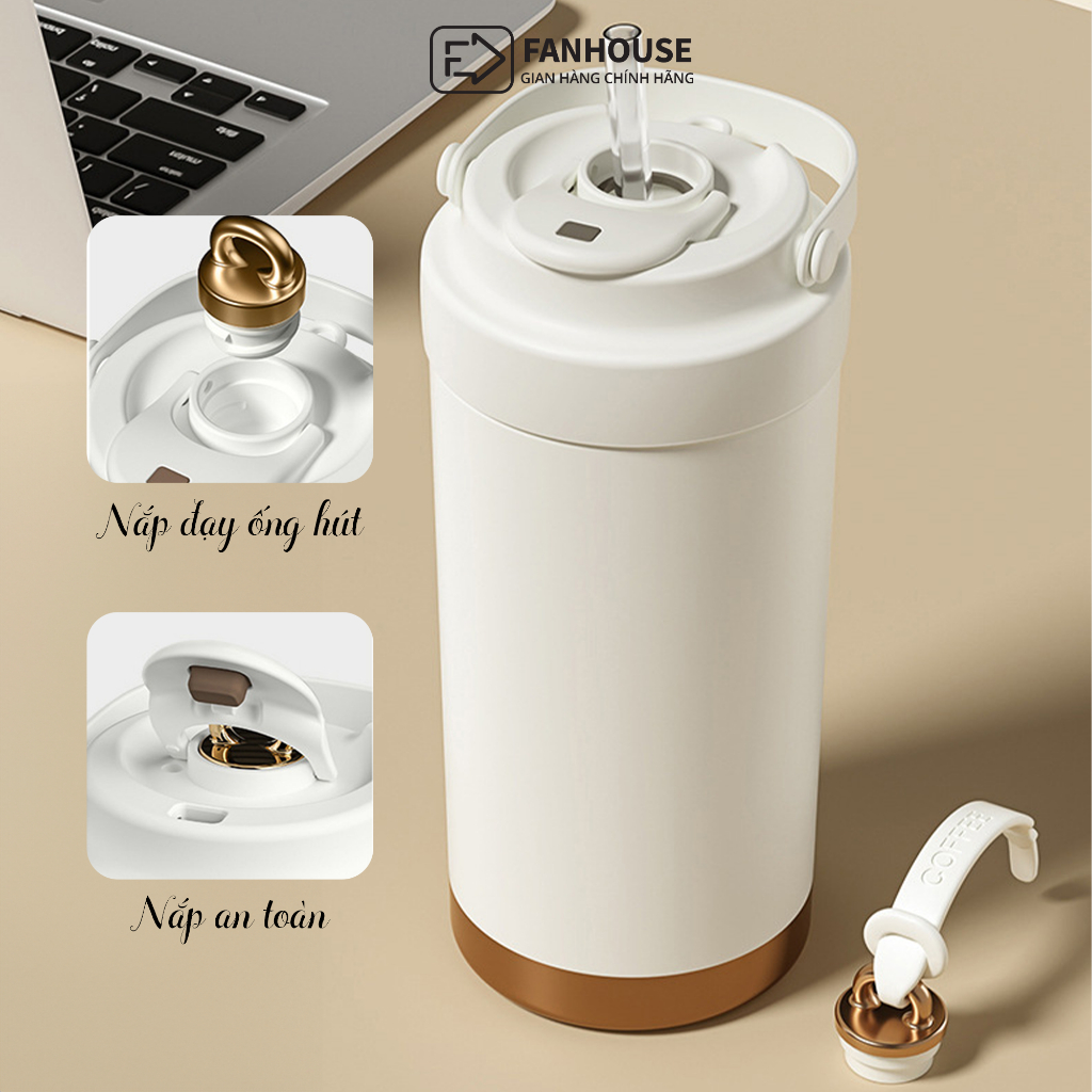 Ly giữ nhiệt Lily inox 316 tráng Sứ cao cấp, cốc giữ nhiệt 500ml Fan House có ống hút thủy tinh | BigBuy360 - bigbuy360.vn