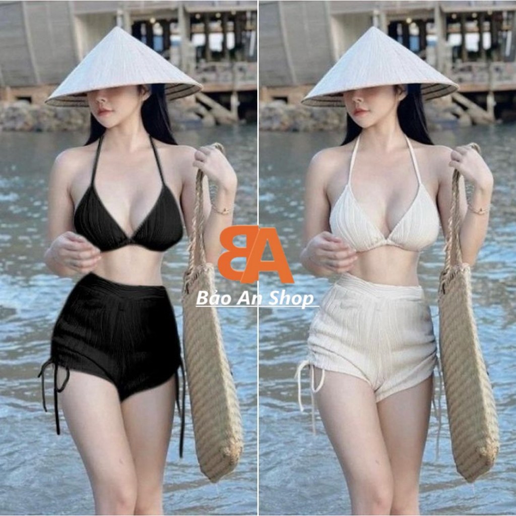 Sét 2 món áo 2 dây bra croptop có mút dây cổ yếm hở lưng kèm quần đùi rút dây lưng thun eo 58-75cm chất thun Nhât | BigBuy360 - bigbuy360.vn