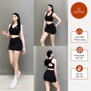 Đồ tập Gym Aerobic, Bộ tập yoga nữ áo bra đắp chéo kèm mút chân váy 2 lớp rút dây chất thun lạnh co giãn( VAY02)