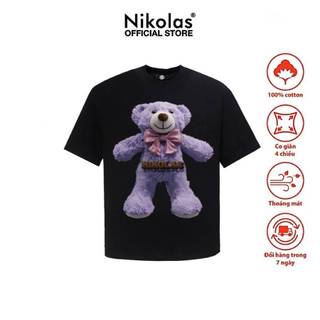 Áo thun unisex nikolas 100% cotton gấu tím tee