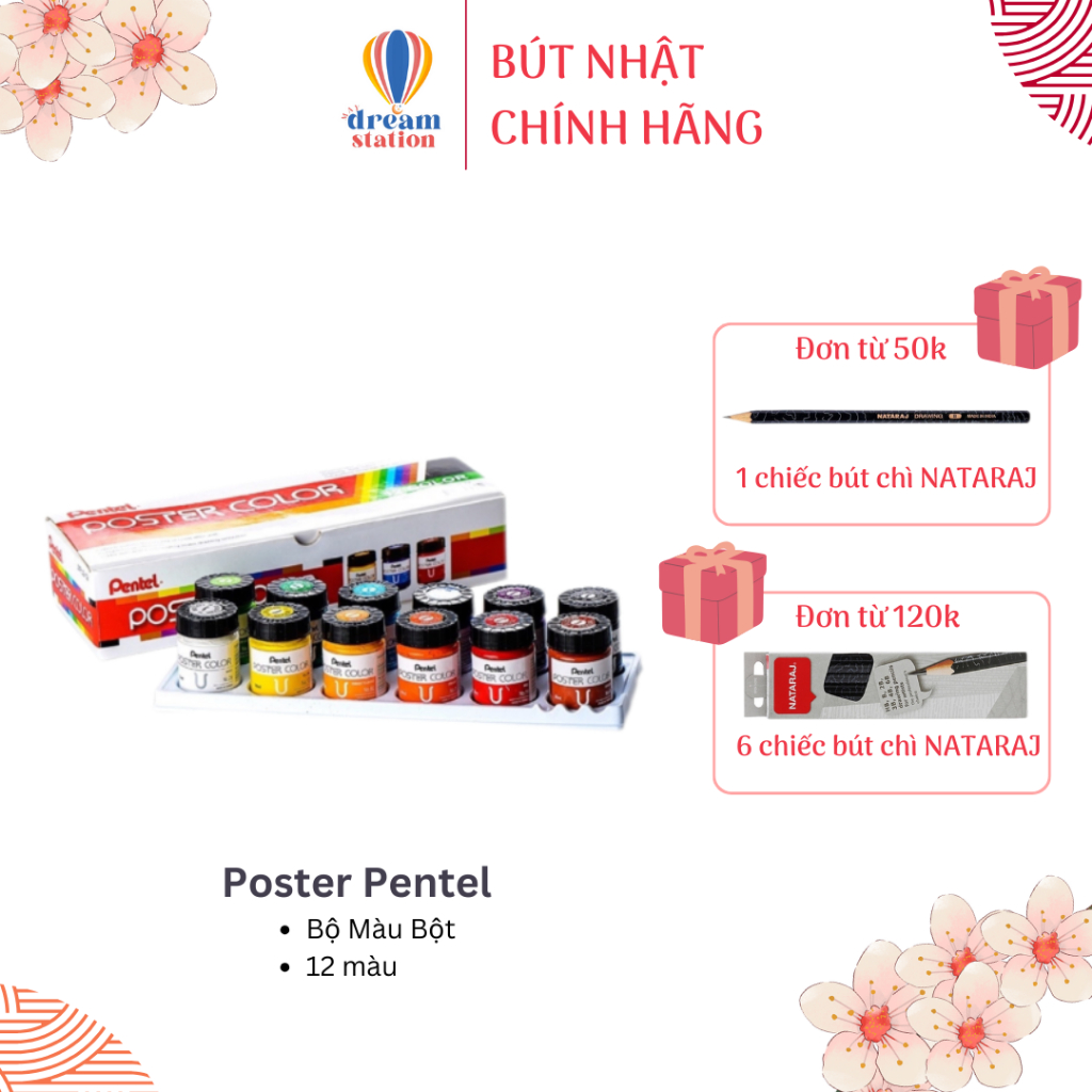 [CHÍNH HÃNG] Bộ 12 Màu Poster Pentel Nhật Bản I 30ml | Màu Bột Gốc Nước Pentel, Không Độc Hại I WPU 2 - 12 | POC - 12ESG