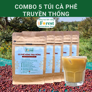 Combo 5 túi cà phê robusta nguyên chất 100% đậm đà vị truyền thống, nông trại rừng iforest - túi 250gr pha phin