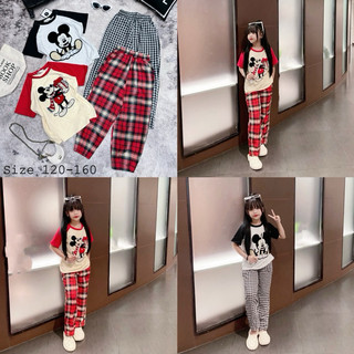 Set áo Phông Mickey Thêu Xù Quần bom kẻ cho bé gái size đại 18-43kg xinh xắn dễ thương