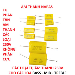 BỘ 5 CON TỤ PHÂN TẦN LOA BASS MID TREBLE 250V VÀNG DẸT - TỤ CHỐNG CHÁY TRÉP - TỤ LOA MID - TỤ LOA TRUNG - TỤ BẢO VỆ TÉP